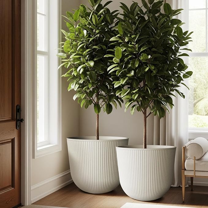 Worth Garden Round Large Planter Pot Set of 2-17.5" Dia x 15.5" H - Durable Plastic Beige Plant Tree Pots with Vertical Stripe Textured Finish, Drainage Hole for Indoor, Outdoor, Front Porch, Patio