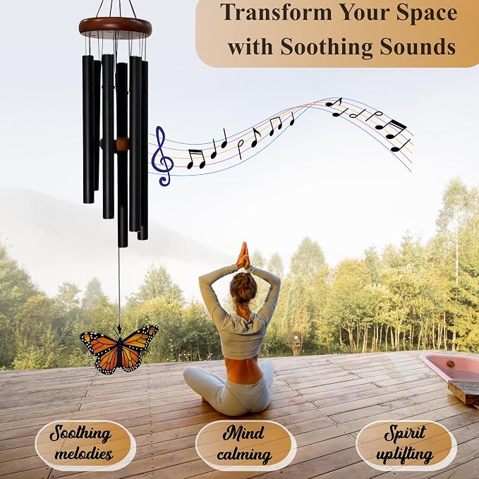 Monarch Butterfly Wind Chimes for Outside - Glass Pendant Hanging Butterfly Decorations- Deep Tone Memorial Windchime for Garden, Porch Decorations - Wind Chimes for Women, Mother's Day, Grandma