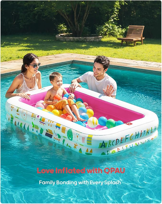 QPAU Kiddie Pool, Alphabet and Number Design, 65 x 39 in, Pink | Inflatable Design with Soft Floor, Converts to a Ball Pit for Kids and Toddlers, for Indoor and Backyard Play