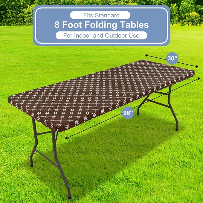 misaya Rectangle Vinyl Table Cloth, Elastic Fitted Tablecloth with Flannel Backing, Waterproof Plastic Table Cover Fits 8 Foot Folding Tables for Picnic, Camping and Outdoor (Coffee, 30" x 96")