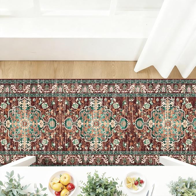 U'Artlines 3' x 20' Boho Hallway Runner Rug, Washable Carpet, Rust&Teal | Non Slip, Vintage Farmhouse Accent Area Rug Carpet, for Bedroom, Dining Room, Laundry and Living Room
