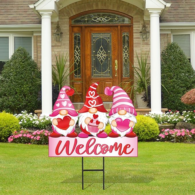 JarThenaAMCS Valentine's Day Metal Garden Stakes Red Pink Heart Gnome Yard Stake Decorative Welcome Lawn Sign for Wedding Anniversary Home Outside Lawn Porch Decor