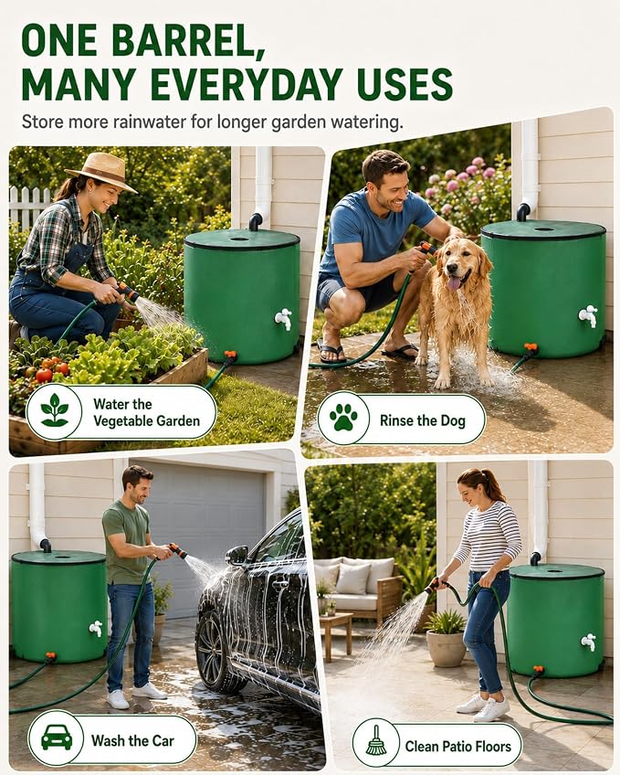 200 Gallon Collapsible Rain Barrel, Rain Water Collection Barrel System Kit, Collapsible Water Tank with 2 Spigots and Overflow Kit, Portable Rain Water Catcher for Garden, Green (2 Pack)
