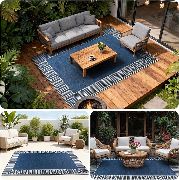COZYLOOM Indoor Outdoor Rugs 8x10 Modern Easy Jute Washable Area Rug, Blue | Non Slip Neutral Bordered Non Shedding Stain Resistant Foldable Rug for Living Room Dining Room Bedroom Patio Backyard