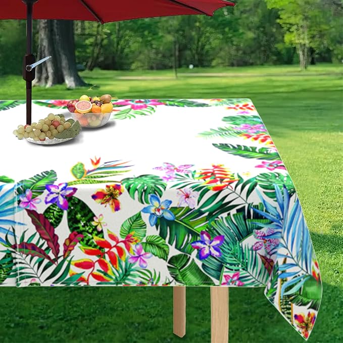 Outdoor Tablecloth with Umbrella Hole and Zipper, Rectangle Patio Table Covers for Spring/Summer, Machine Washable Outdoor Picnic Table Cloth (Tropical, 60" × 102" Rectangular)