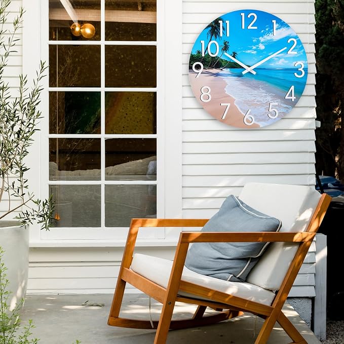 JoFomp Beach Outdoor Clocks for Patio, Large Outdoor Clocks Waterproof 16 Inch with Glass, Outdoor Wall Clocks Battery Operated, Pool Clock Outdoor Weatherproof, Outside Clock for Backyard/Garden