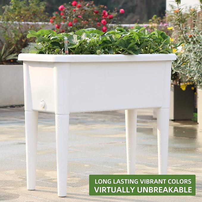 Dexceder 13.2 Gallon Self Watering Raised Garden Bed (White) | Ventilation Transparent Lid Greenhouse, Deepen Vegetable Flower Box Planter Pot with Removeble Legs & Water Level Indicator