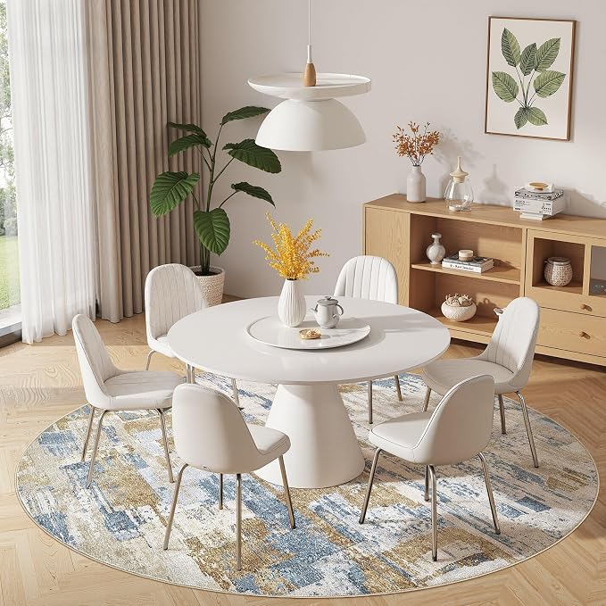 kakania Abstract 8x8 Round Rugs for Living Room: Circle Rugs 8FT Blue | Washable, Soft, Non-Slip, Low-Pile, Pet & Kid Friendly - Large Modern Home Decor Carpet for Bedroom/Dining Room/Nursery