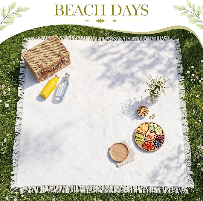 1 Pack White Extra Large Picnic Blanket, Outdoor Picnic Mat, Woven Boho Large Beach Blanket with Fringe for Park, Camping, Lawn or Wedding Photoshoot (91 x 109 Inches)