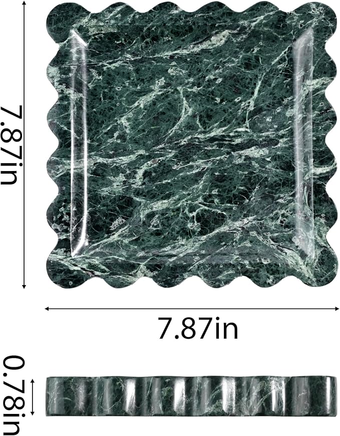 Scalloped Square Marble Decorative Tray, Natural Stone Vanity & Jewelry Tray, Trinket Organizer for Ring, Key, Dresser, Nightstand, Bathroom Counter & Kitchen Sink(Verde Alpi Green)