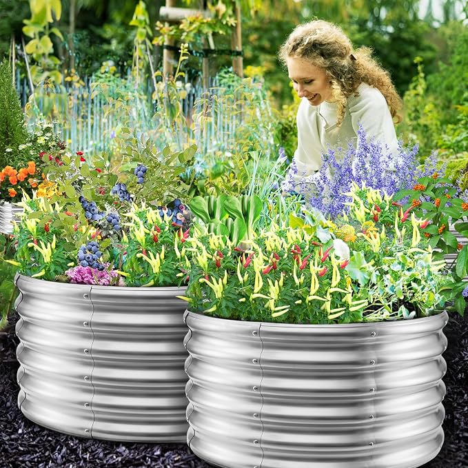 YSEJOMP 17" Tall Round Outdoor Garden Raised Garden Bed Kits-0.8MM Thick Metal Raised Planter Bed/Ground Planter Box for Variety of Flowers,Herbs,Vegetables,Trees (Silver, 32 Dia X 16.5 inches)