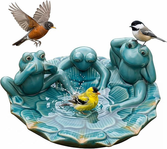 Topadorn Ceramic Bird Bath for Outside, 11.6" Frog Bird Bath with Unique Crackle Reactive Glaze, Decorative Garden Birdbath for Patio, Lawn & Backyard Decor