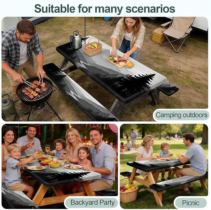 Picnic Table Cover with Bench Covers Camping Essentials Waterproof Windproof Camping Tablecloth with Drawstring Bag, Fitted Rectangle Tables and Seats, 72in, Black White Forest