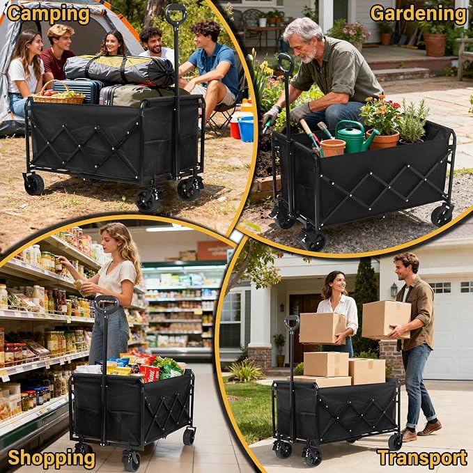 Collapsible Wagons Carts Foldable Wagon, 500LBS Collapsible Wagon Cart Foldable with Wheels & Brakes, Large Heavy Duty Folding Wagon Cart Utility for Camping, Picnic, Beach, Grocery, Sport, Shopping