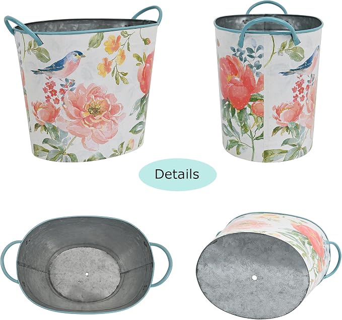 Vintage Watercolor Metal Bucket Planter with Floral & Bird Print , 13" Large Decorative Flower Pot with Handles for Indoor Outdoor Garden, Farmhouse Kitchen, Wedding and Rustic Home Decor (Flower#4)