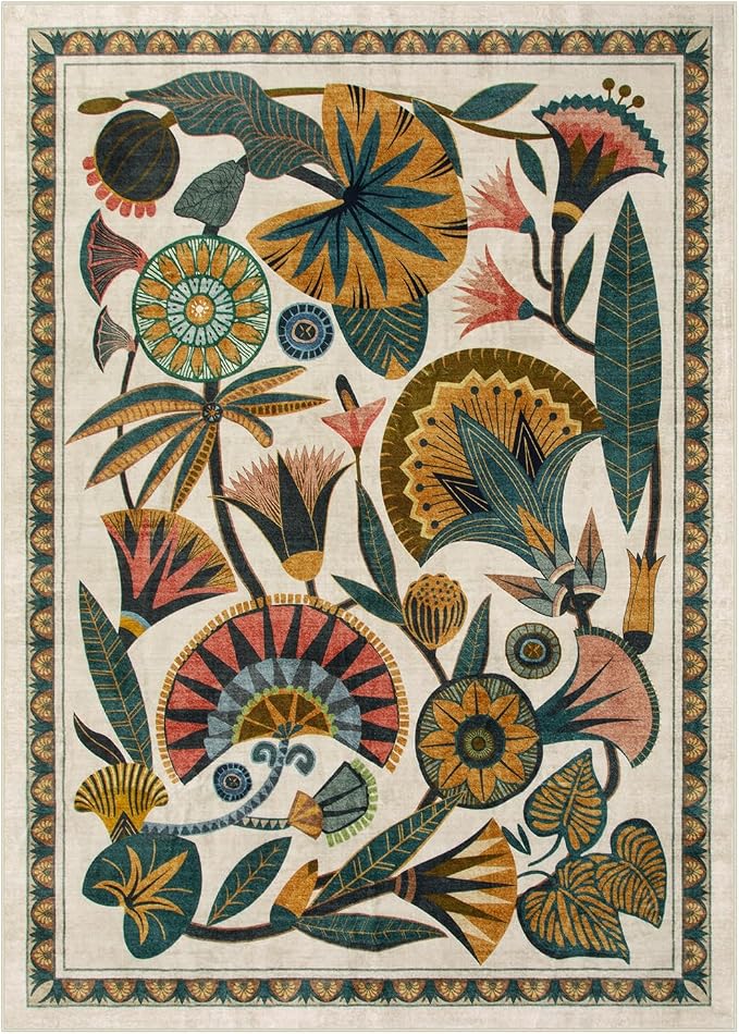 Zealude Egypt Floral Washable Area Rugs for Living Room 5x7 Boho Large Vintage Beige Bedroom Dining Room Rug,Non Slip Soft Throw Carpet for Entryway Kitchen Office Hardwood Playroom (5 x 7)