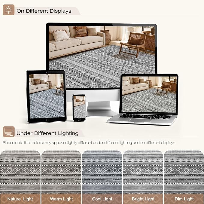cotiled Boho 5x7 Area Rugs for Living Room: Soft Moroccan Washable Rug | Solve Modern Neutral Trendy Home Decor - Stain Resistan Carpet for Bedroom Beige Grey