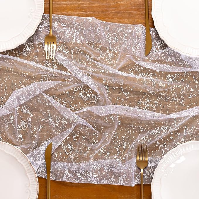 Socomi Silver Table Runner Gauze Tulle Sheer Glitter Metallic Foil Chiffon Cheesecloth Sequin 10FT Wedding Birthday Party Dining Anniversary Holiday Centerpiece Table Decor 3pcs