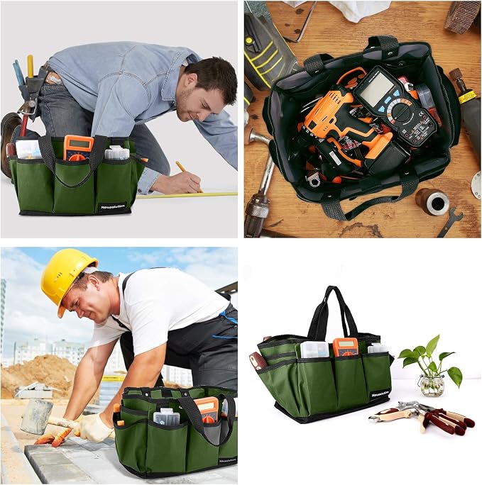Housolution Gardening Tote Bag, Deluxe Garden Tool Storage Bag and Home Organizer with Pockets, Wear-resistant & Reusable, 12 Inch, Dark Green
