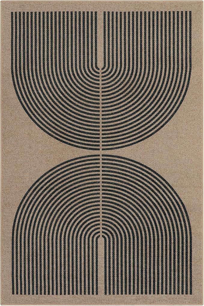 Lahome Enfys Modern Rainbow Easy Jute Office Rug, Outdoor Patio Rug 4x6 for Living Room Washable Carpet for Bedroom, Farmhouse Contemporary Non Slip Non Shedding Black Carpet for Backyard
