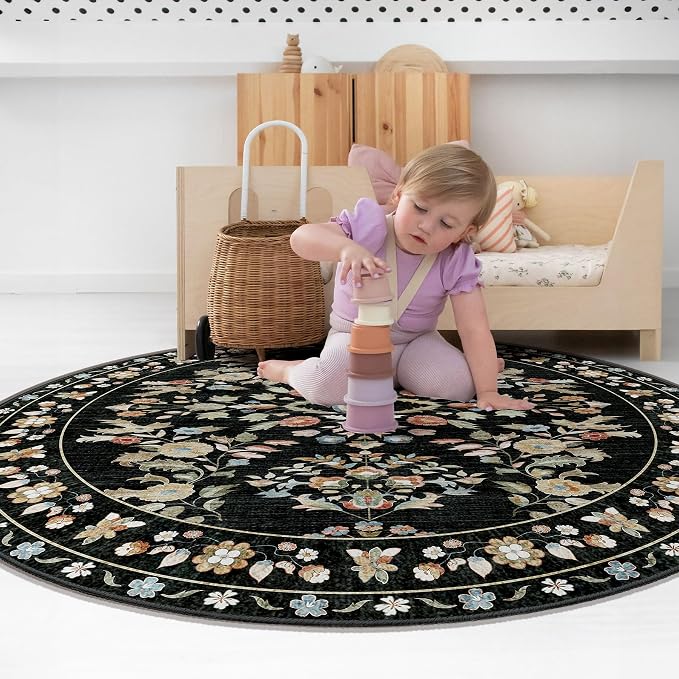 Round Rugs 5ft Circle Area Rug Washable Non Slip Ultra-Thin Floral | Machine Washable Circular Throw Carpet for Living Room Bedroom Dining Room Floor Indoor Low Pile Boho Vintage Black