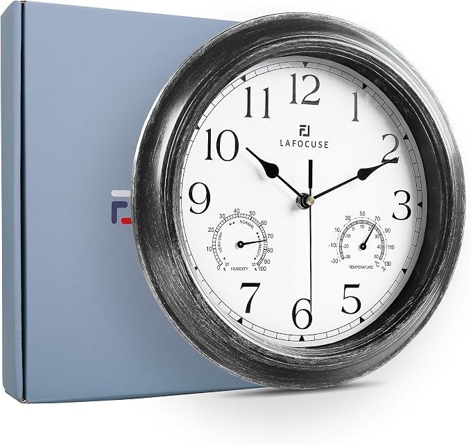 Lafocuse 12 Inch Black Outdoor Clocks Waterproof for Patio Pool Bathroom | With Thermometer Combo and Hygrometer, Vintage Rustic Weather Outside Clock for Garden Garage Porch Kitchen, Silent, Accurate