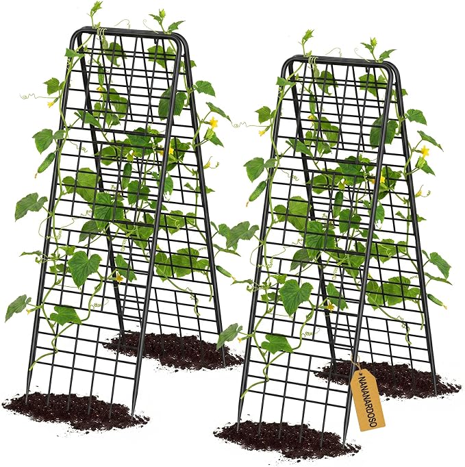 NANANARDOSO 2 Pack Cucumber Trellis, Heavy Duty A-Frame Trellis for Climbing Plants, Metal Garden Trellis Plant Support for Raised Beds, Tomato, Pea, Zucchini.