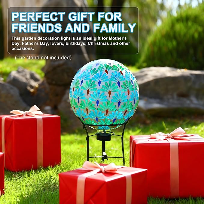 SAVENNA Mosaic Garden Gazing Ball 10 Inch, Glass Decorative Sphere for Indoor & Outdoor Garden, Patio, Home & Yard, Blue & Green Leaf Pattern