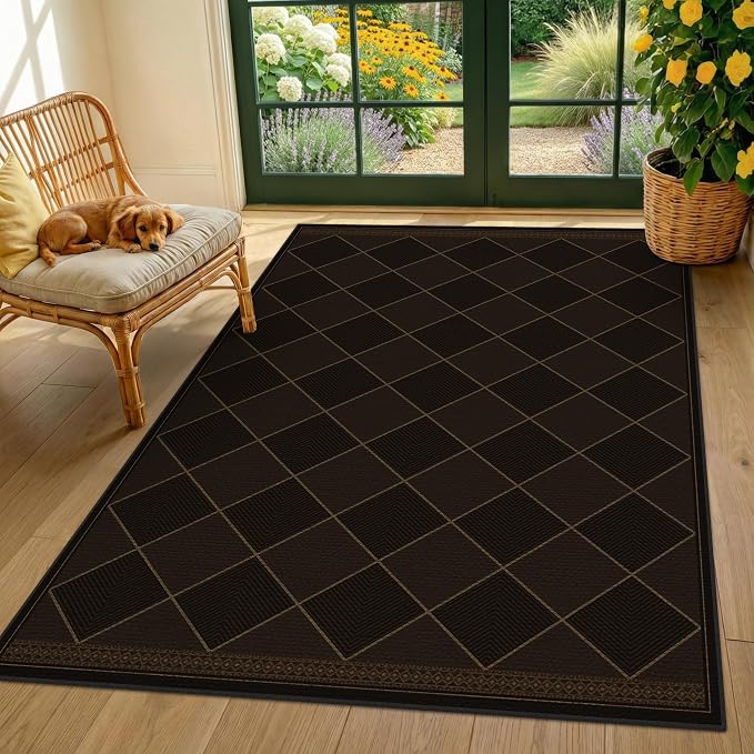Dark Brown Diamond Checkered Easy Jute Rug Entryway 4x6, Non Slip Stain Resistant Checkerboard Area Rug, Low Pile Indoor Outdoor Carpet for Living Room, Porch & Office, Mid-Century Modern Style Decor