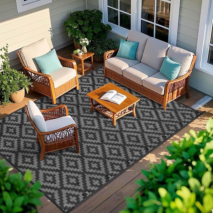 Outdoor Patio Plastic Straw Rug - 5x8 ft Outdoor Camping Rug Waterproof Reversible, Area Carpet Patios RV, Outside Porch Balcony Deck for Camper, Black & Grey