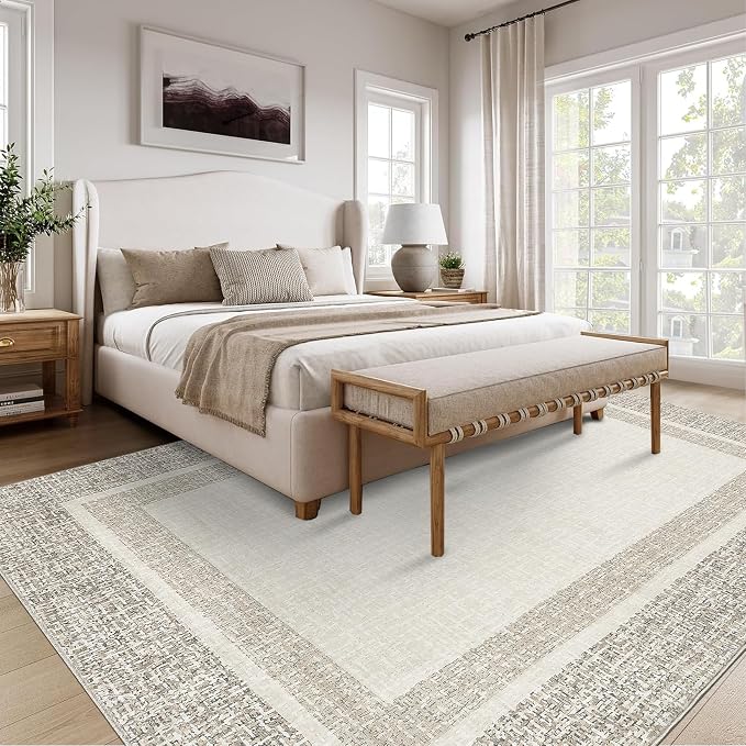 GAOMON 10x13 Area Rugs for Living Room Large Washable Rug Non Slip Modern Bordered Aesthetic Rug Soft Faux Wool Floor Cover Low Pile Foldable Thin Mat for Bedroom Nursery Playroom Home Office Beige