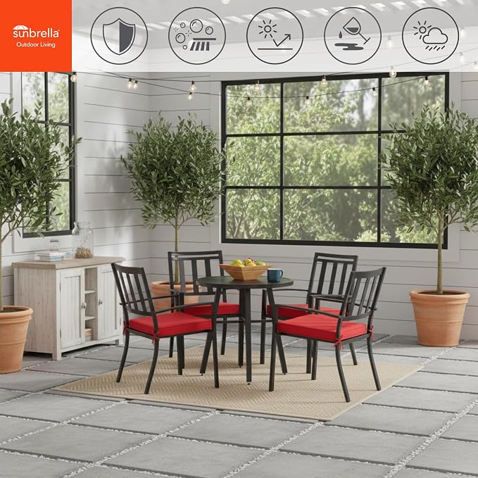 Indoor/Outdoor Chair Pads in Sunbrella Fabric – 17''x17'' Patio Seat Cushions with Foam Insert, Removable Reversible Cover & Ties for Patio Dining Chairs – Set of 2 or 4, Canvas Jockey Red