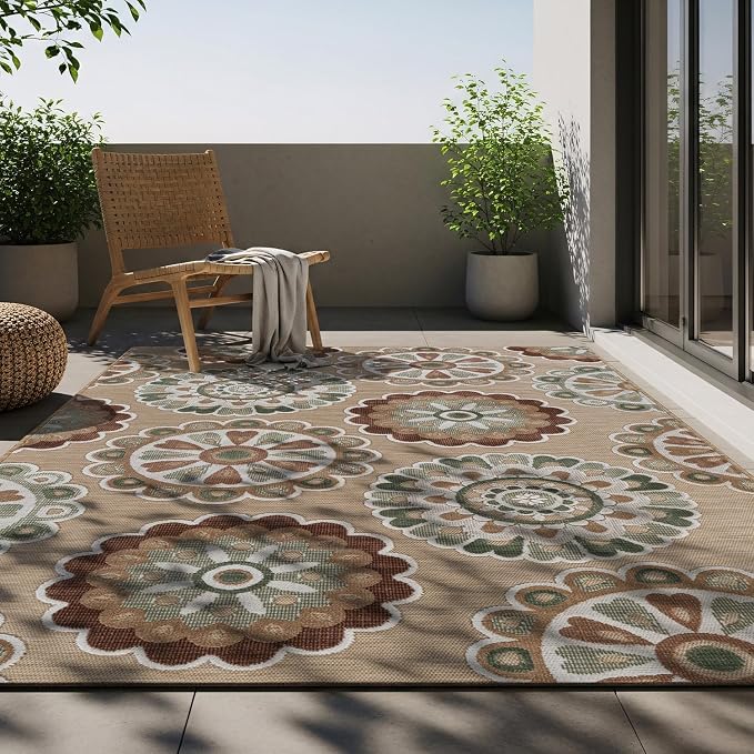 Outdoor Rug 9x12 Washable Area Rugs Indoor Outdoor Carpets Beige Bohemian Medallion Non Shedding Waterproof Easy Clean Patio Deck Porch Living Room Bedroom Garden RV (9 X 12 Beige)