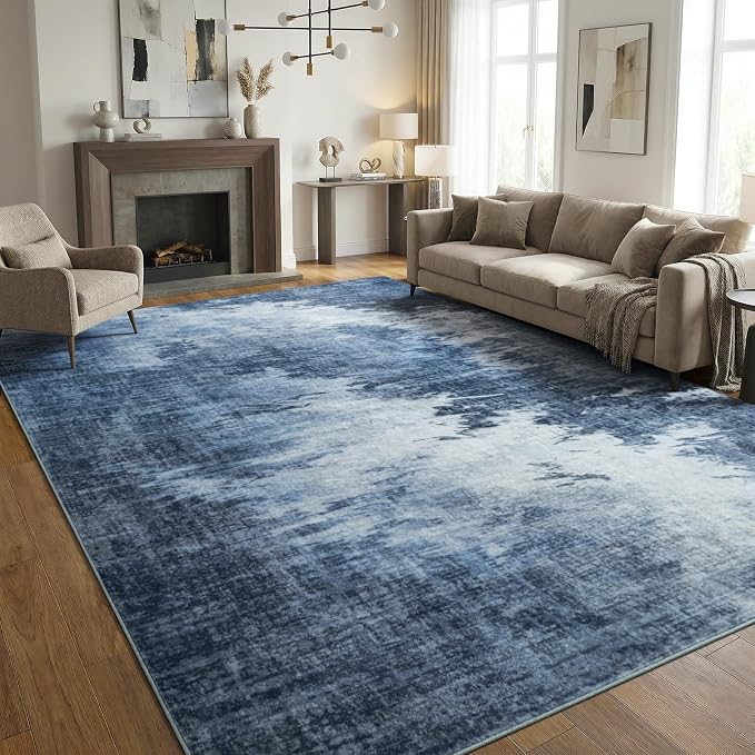 8x10 Blue Gradient Abstract Washable Rugs Living Room Pet Friendly | Non-Slip Low Pile Rug, Luxury Stain Resistant Indoor Carpet for Bedroom Office Coffee Table, Mid-Century Home Decor, Blue