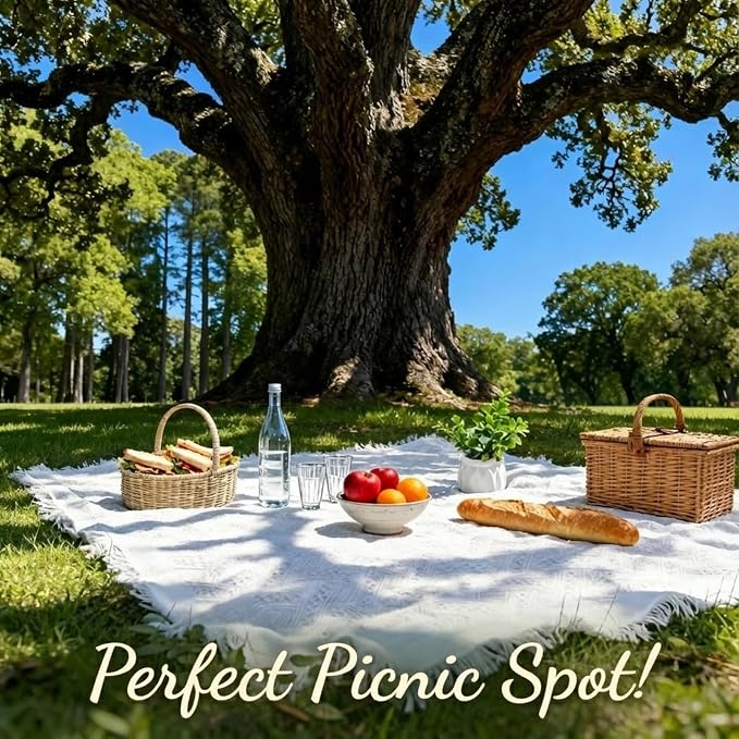 White Picnic Blanket, Extra Large Soft Cotton Gauze Picnic Rug 71"x71", Lightweight Breathable Blanket with Leather Handle, Machine Washable for Beach, Camping, Park, Couples (Cream)