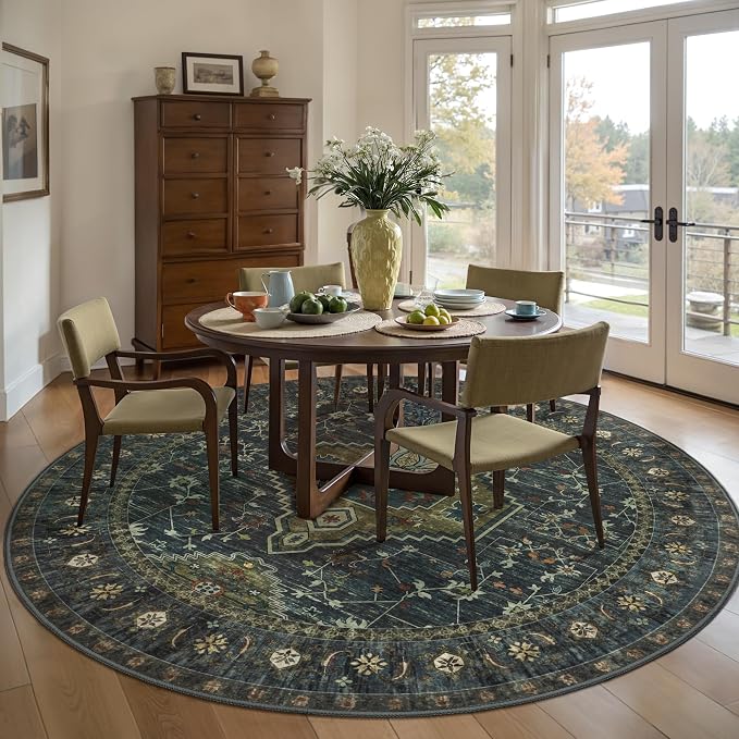 Tangsoo Green Large Round Area Rugs 6ft, Boho Washable Non Slip Circle Rug | Oriental 6x6 Round Carpet,Vintage Soft Low Pile Circular Rug for Living Room Dining Room Bedroom Office Olive Green Decor