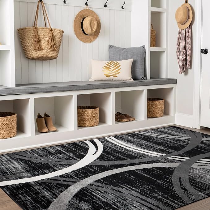 Rugshop Wavy Circles Modern Jute Backing Area Rug Black 5'3" x 7'3" | High Traffic,Fade Resistant, Living Room, Bedroom, Dining Room, Home Office, Kitchen, Entryway, Hallway, Nursery,Basement