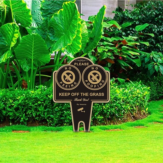Amexiu No Dog Pooping Peeing Sign, Keep Dog off Grass Yard Lawn Sign, Double Sided 15 x 9.5 X 0.08 Inches Rust Free, Easy Mounting Durable Ink Black Gold Color, 2 Pack