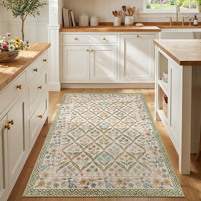 jinchan 4x6 Vintage Floral Washable Non Slip Bedroom Area Rug, Sage Green | Soft & Lightweight, Checkered Floral, Low Pile, Bedroom, Kitchen, Girls Dorm, Apartment, Small Living Room, Cottage Decor