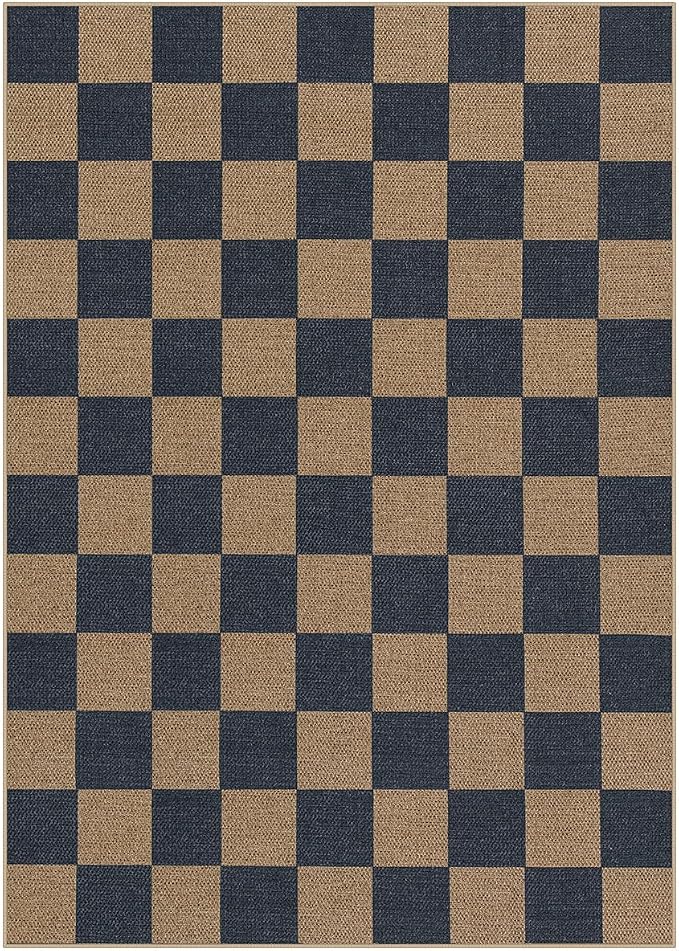 Lahome Colette Checkered Easy Jute Living Room Rugs, 5x7 Dining Room Office Rug Farmhouse Outdoor Patio Carpet, Checkerboard Washable Non Slip Indoor Outdoor Blue Carpet for Backyard Entry Deck