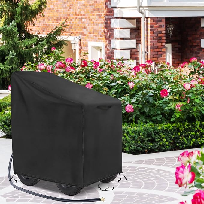 Garden Hose Reel Cart Cover, 600D Outdoor Hose Cart Covers for outside, Waterproof Hose Reel Cover, All Season Protection-30.3"L x26.3"Wx 35"H
