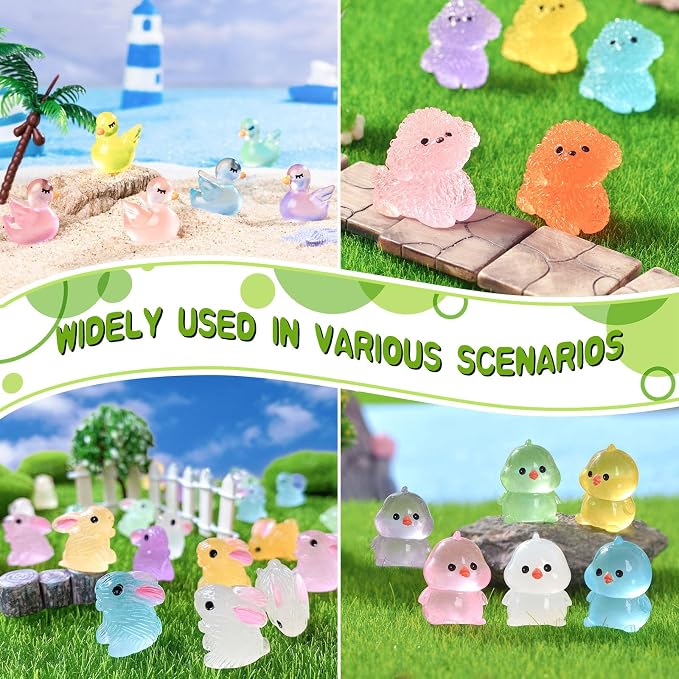 LJMBOEN 400pcs Luminous Mini Resin Animal in The Dark Tiny Miniature Figures Ornament Duck Frog Mushroom Owl Dog Rabbit Crab Dolphin Shell Fairy Garden Accessories Aquarium Landscape Bonsai Decor
