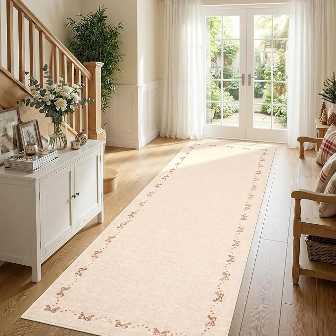 COZYLOOM 2x6 Bow Printed Indoor Rugs for Entryway Modern Border Washable Runner Rug with Non Slip Backing, Stain Resistant Non Shedding Throw Rug Solid Color Carpet for Kitchen, Bedroom, Beige