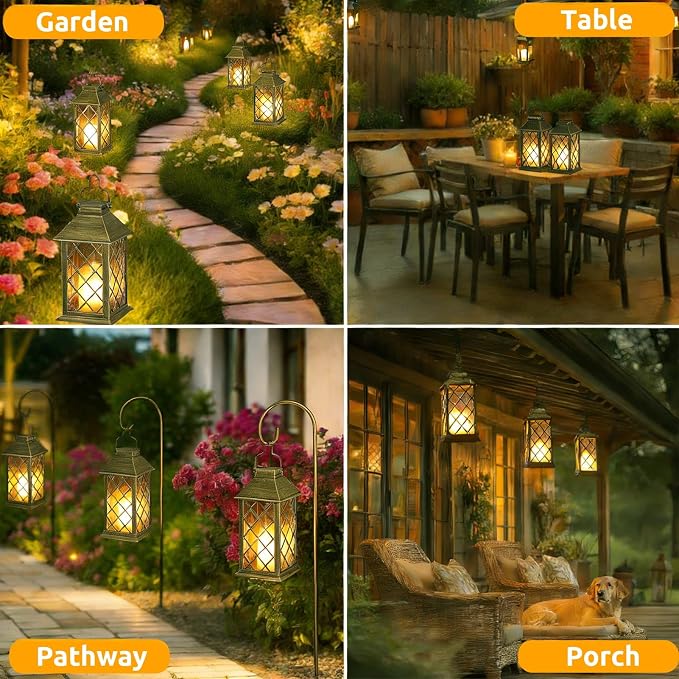 2 Pack 14" Large Tempered Glass Solar Lanterns Outdoor Waterproof, Hanging Solar Lights with Flickering Flameless Candles, Solar Lantern for Wall Porch Patio Table Garden Decoration-Bronze