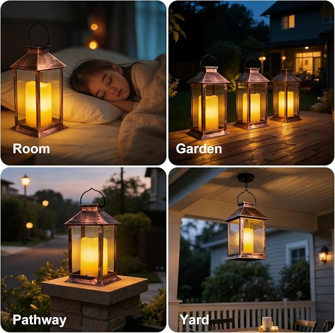 2 Pack 14 Inch Solar Lanterns Outdoor Waterproof with Flickering Flameless Candles, Outdoor Garden Hanging Lantern Decorative for Patio Front Porch Backyard Balcony Cabin Outside Table