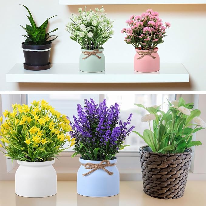 Cindeer 6 Pcs Large Artificial Potted Flowers Fake Potted Plants Plastic Faux Flowers for Home Decor Indoor Artificial Plants in Pots for Wedding Home Desk Tabletop Outdoor Office Kitchen (Fresh)