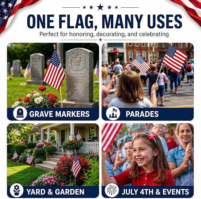 GIFTEXPRESS 24pc 12x18 Inch US Stick Flags Made in USA Printed with Spear Tip - July 4th & Memorial Day US Hand Held Decorations