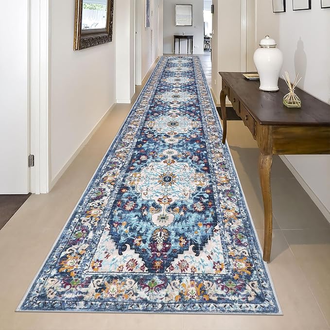U'Artlines 2'x14' Boho Hallway Runner Rug Non Slip Washable Runners,Blue | Vintage Farmhouse Kitchen Rug Accent Area Carpet for Entryway Laundry and Living Room