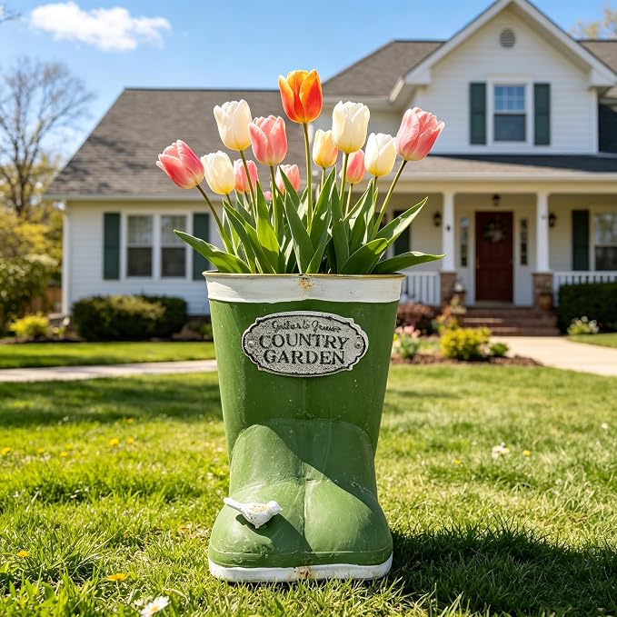 Vintage Green Rain Boot Planter, Country Garden Metal Boot Flower Pot, Rustic Farmhouse Decorative Planter for Indoor Outdoor Succulents, Herbs, Garden & Porch Decor
