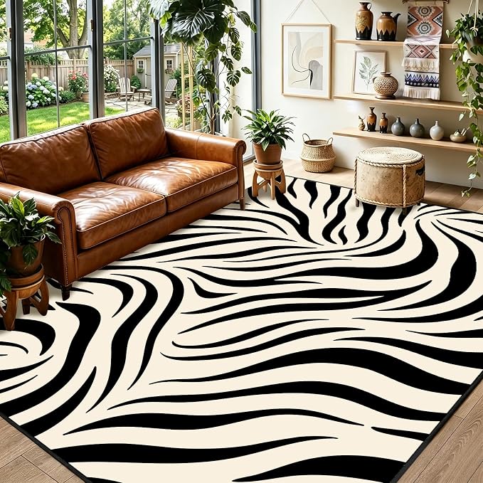 Zebra Print Area Rugs 5x7ft Black and White Striped Rug for Living Room Zebra Stripes Washable Rug for Bedroom Dining Room Office Playroom Nursery Home Decor Non-Slip Non-Shedding